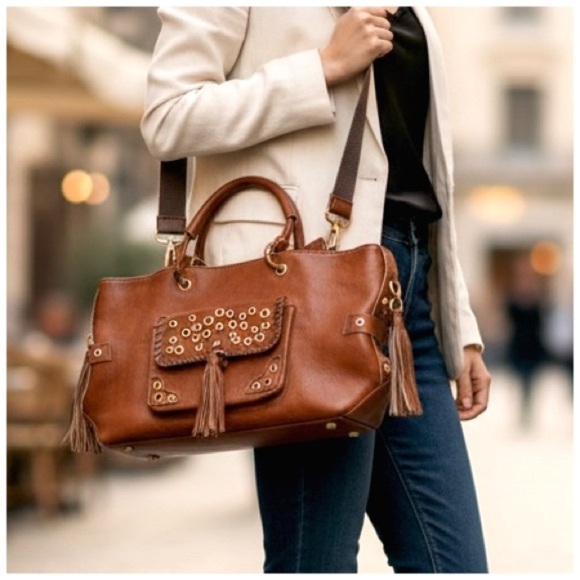 Gustto Women’s Brown Leather Shoulder Bag with Gold Accents. 17.5” x 9.5” - Picture 14 of 15